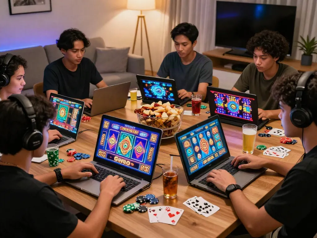 Engaged players enjoying slot online gacor games in a cozy living room setting.