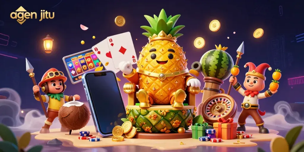 Gambarkan agen jitu dengan raja nanas emas dan elemen permainan kasino dalam suasana ceria.