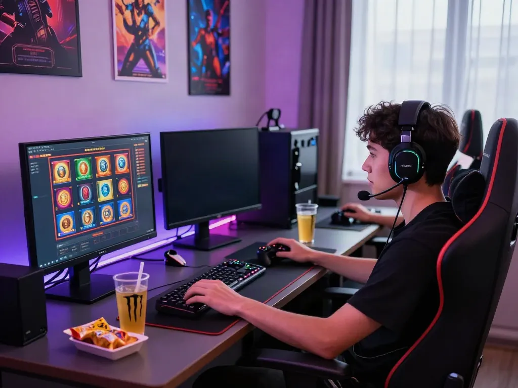 A vibrant gaming setup with multiple monitors showcasing akunjp slot games, snacks, and a focused gamer.