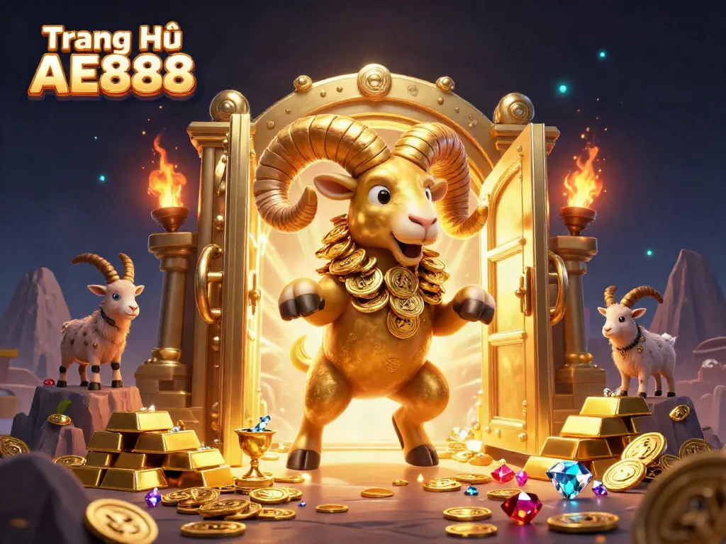 Celebrate gaming with Trang Chủ AE888, featuring a golden ram charging through riches and jewels in an enchanting scene.