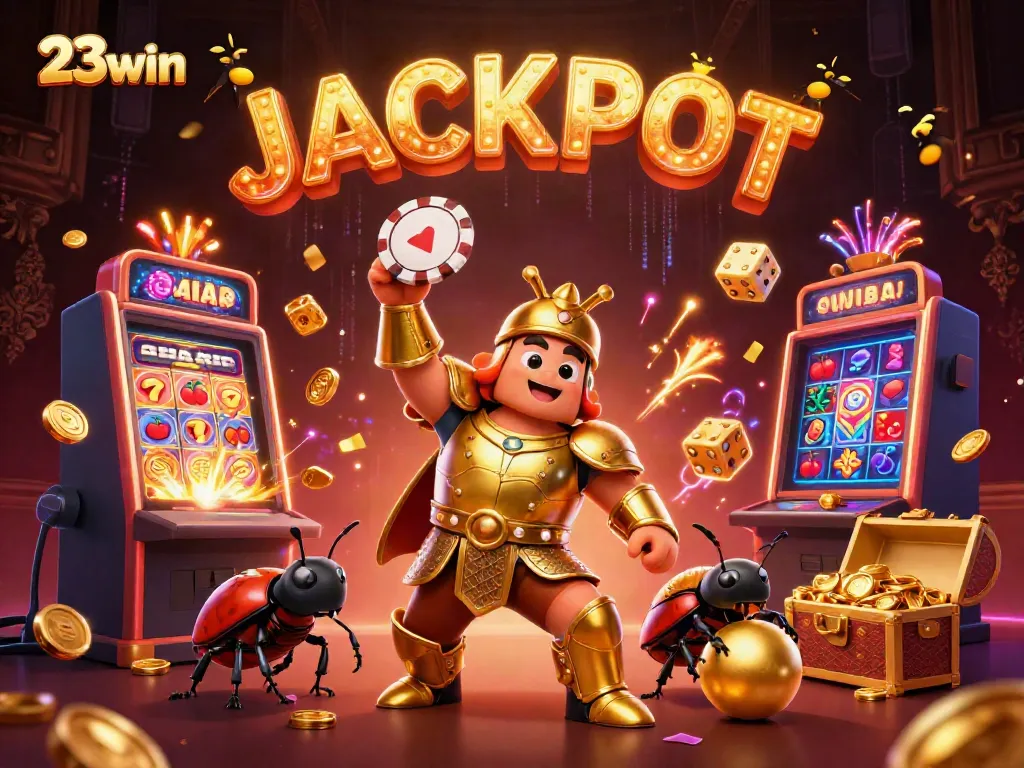 Experience thrilling victories in 23win with this vibrant 3D jackpot celebration scene.