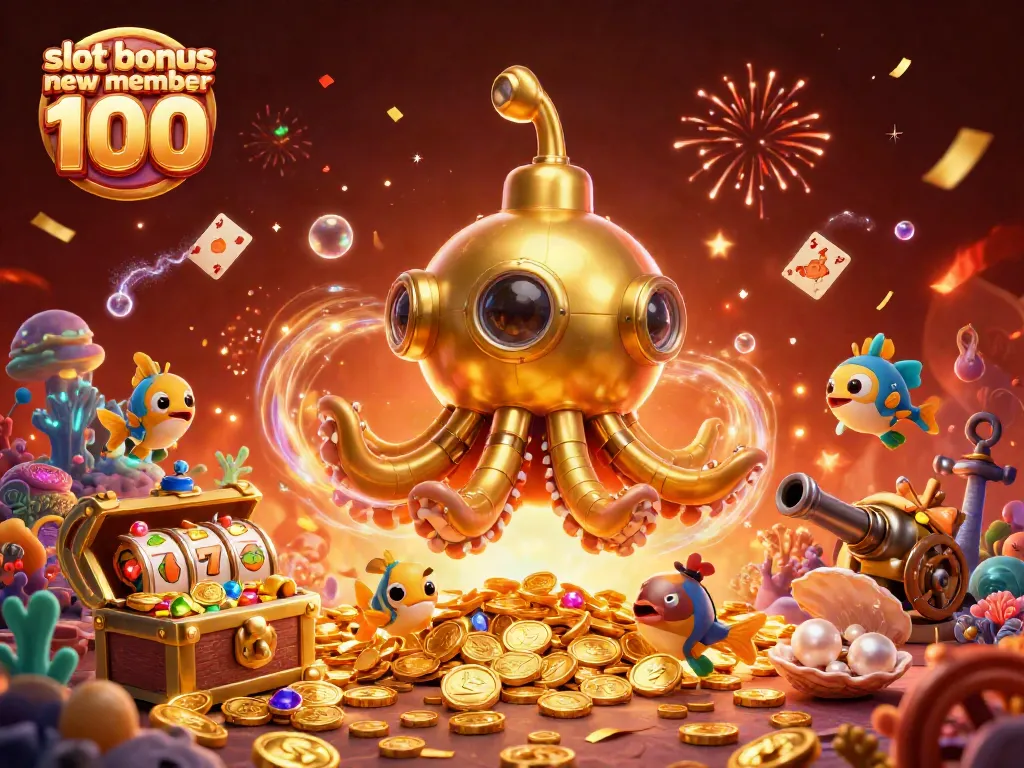 Engage with exciting slot games using slot bonus new member 100 surrounded by golden coins and dynamic characters.