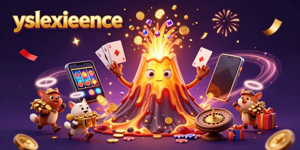 Engage in the excitement with yslexperience as a golden volcano erupts treasures amidst thrilling slot game elements.