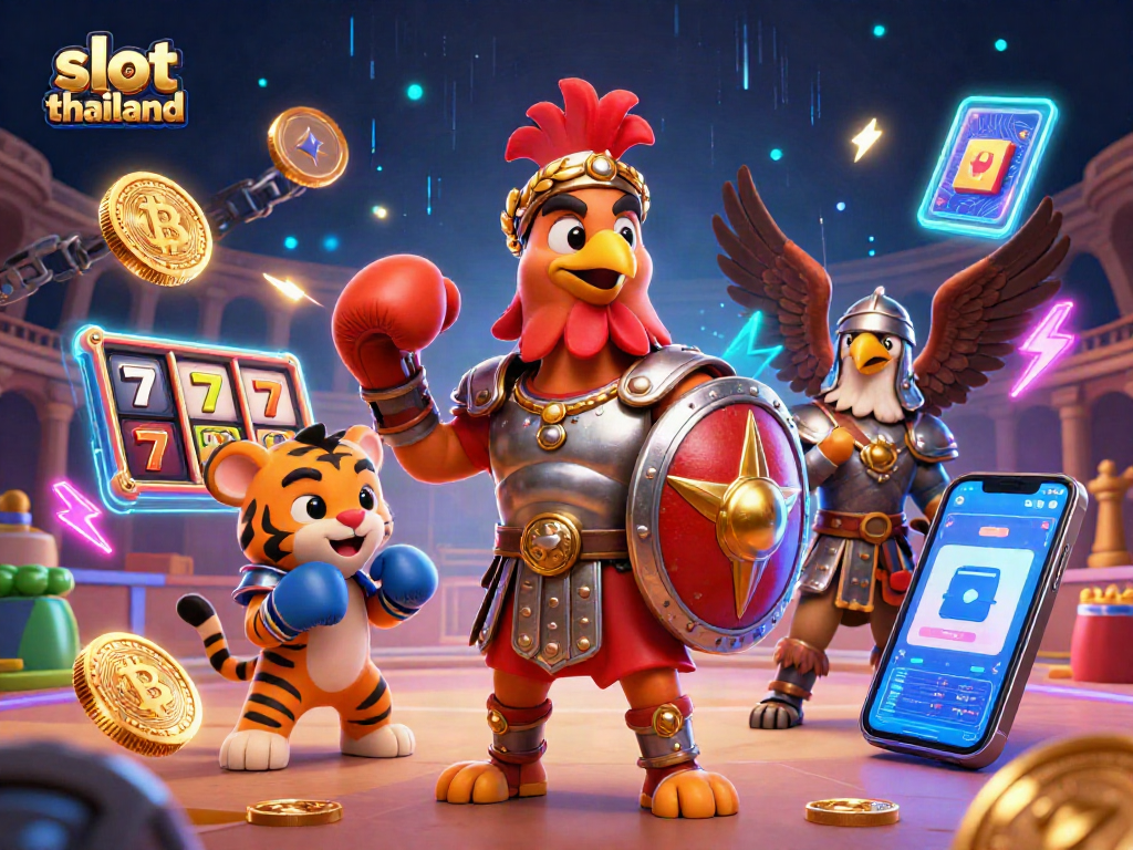 Engage with slot thailand in a vibrant, artistic scene featuring a rooster champion in an arena.