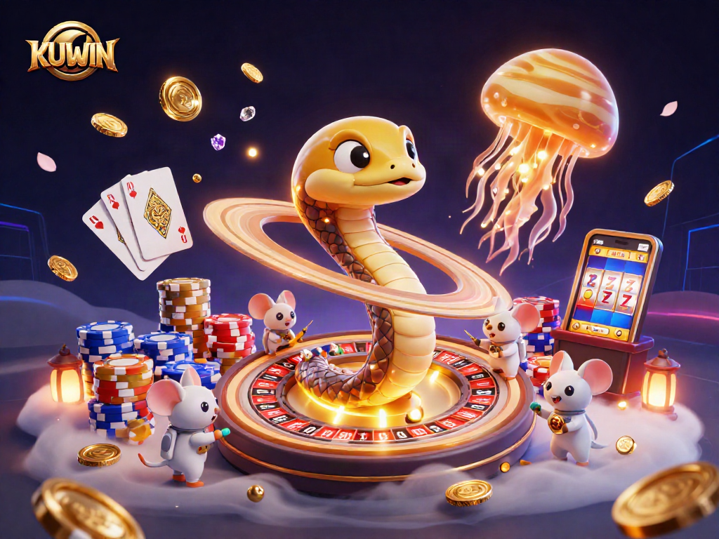 KUWIN showcases an animated cosmic casino scene with a Saturn snake dealer and astronaut mice wagering.