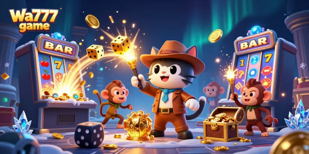 Experience the excitement of Wa777 game with a 3D illustration of an archaeologist cat and a monkey in a colorful casino.