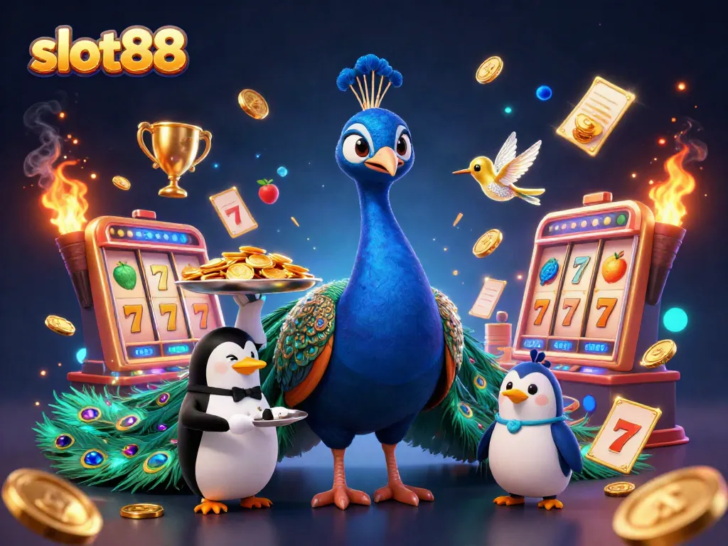 Menggandakan kesenangan slot88 dengan karakter dan elemen kasino yang berkilau, menyoroti permainan dan peluang menang.