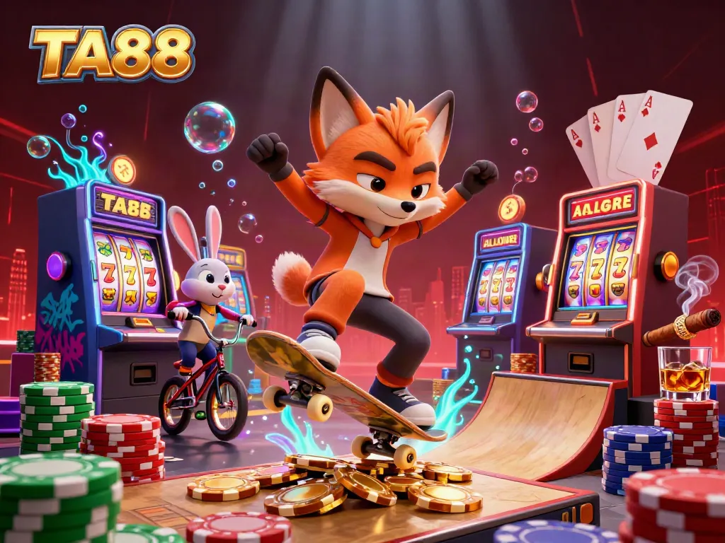 TA88 showcases an action-packed casino scene with a skateboarder fox and BMX rabbit among vibrant slot machines.