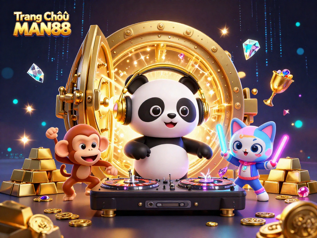 Engage with the vibrant Trang Chủ MAN88 arcade featuring joyous panda, monkey, and kitten energized by gold treasures.
