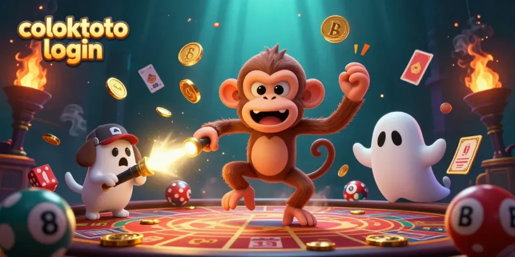 Engage with coloktoto login in a dynamic scene featuring a juggler poltergeist monkey and a curious puppy in a lively lottery setting.