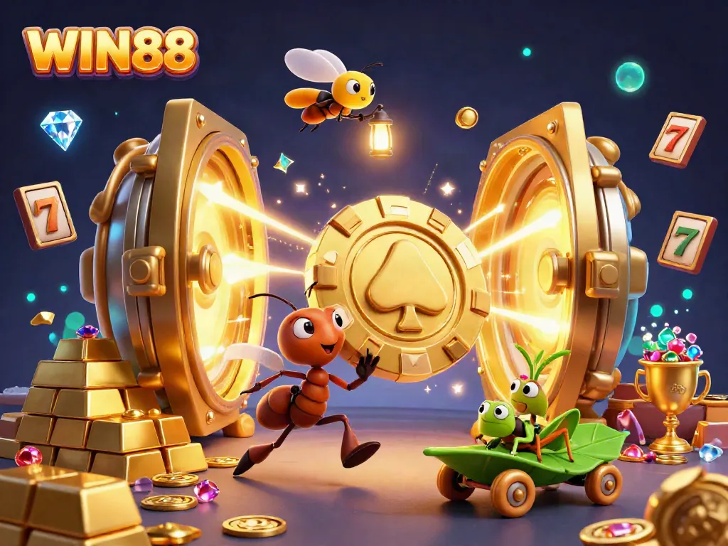 Win88 heist scene with cartoon ants carrying a giant poker chip, surrounded by dazzling casino elements.