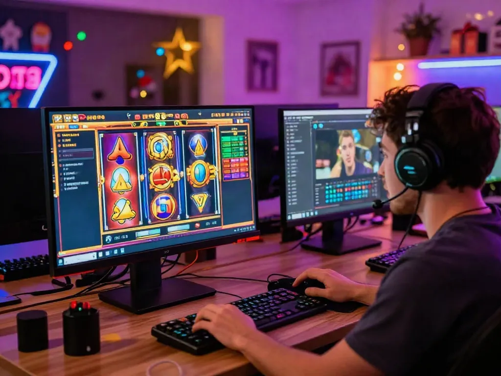 Engaging player enjoying slot gacor games on multiple screens with vibrant visuals.