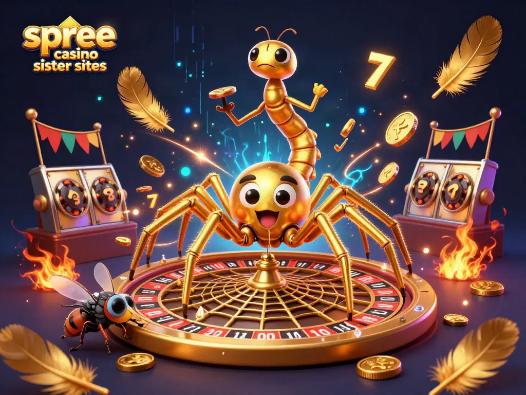 Experience the thrill at spree casino sister sites with a 3D illustration of a spider and croupier.