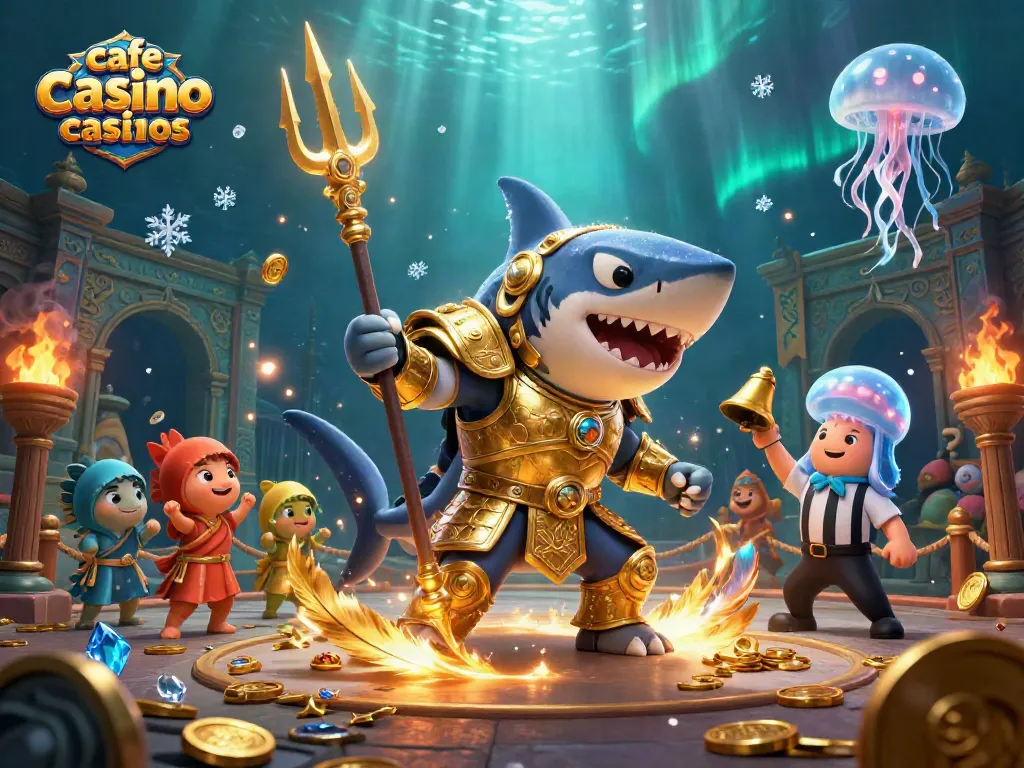 Engage with the dynamic underwater scene of cafe casino sister casinos, featuring a fierce shark and vibrant gaming elements.