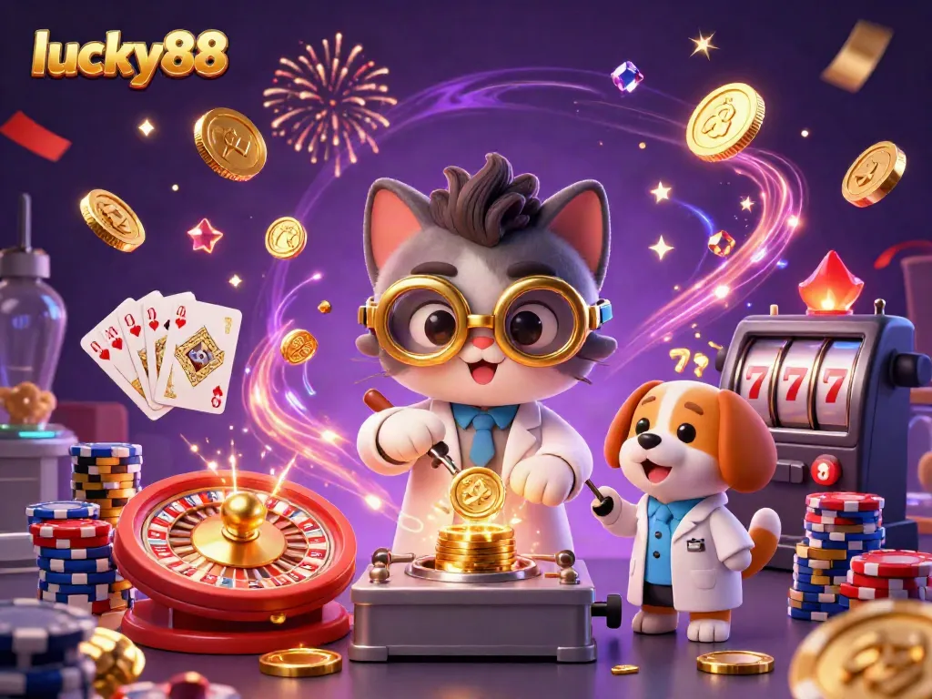 Experience the excitement of lucky88 with a vibrant scene of a mad scientist cat and its dog assistant creating coins in a casino.