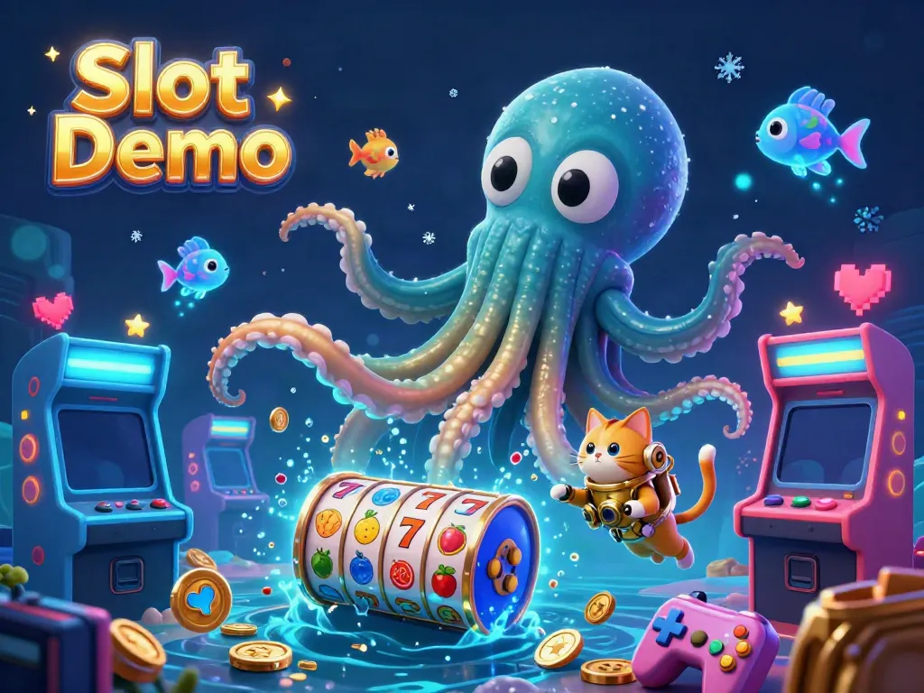 Experience immersive Slot Demo gameplay with a kraken and diving cat in a vibrant casino scene.