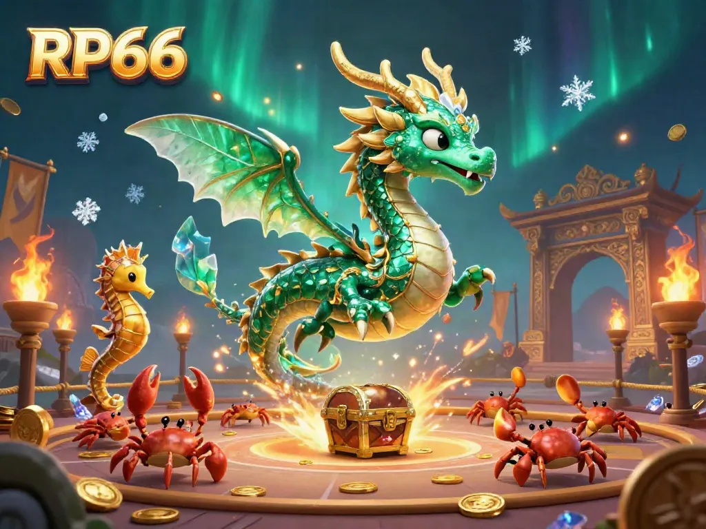 Engage with RP66's underwater fantasy slots, featuring a sea dragon and treasure in a vibrant casino scene.