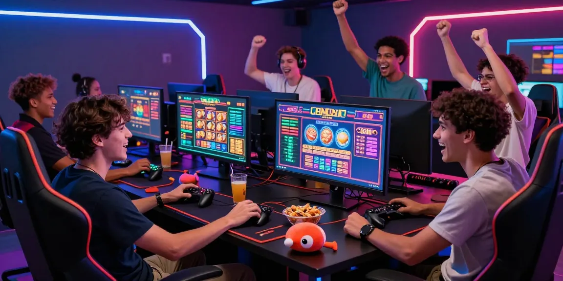 Friends enjoying a bandar slot gaming session with vibrant graphics and snacks in a lively atmosphere.
