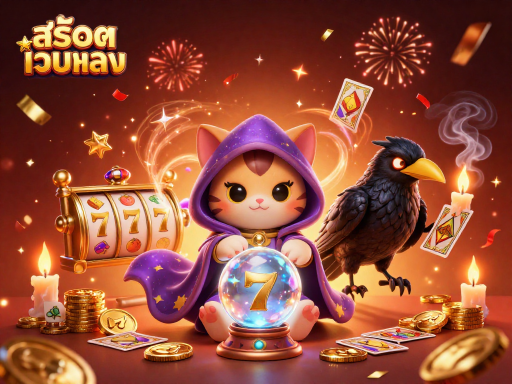 Spin the reels of สล็อตเว็บตรง with a mystical 3D fortune teller cat and tarot raven amidst vibrant gambling action.
