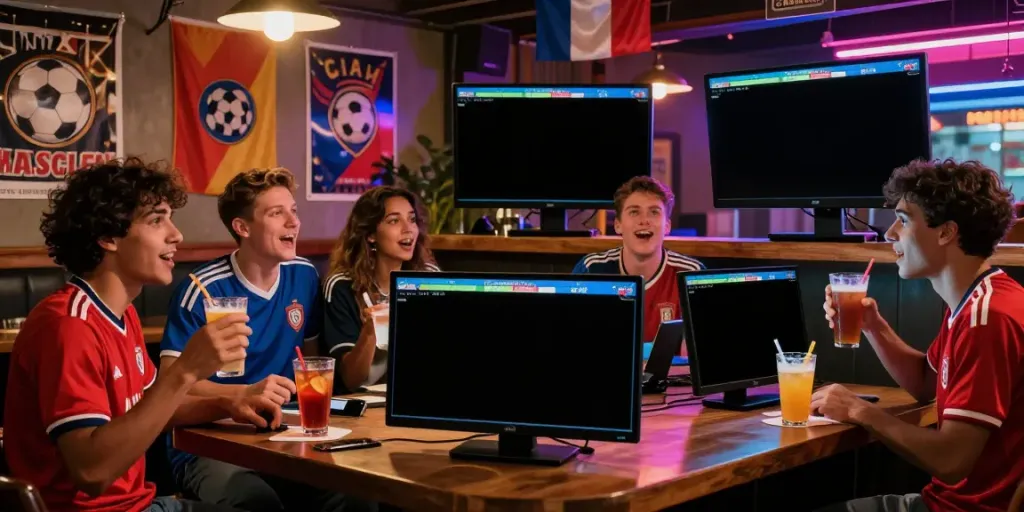 WWBOLA soccer betting enthusiasts at a lively sports bar.