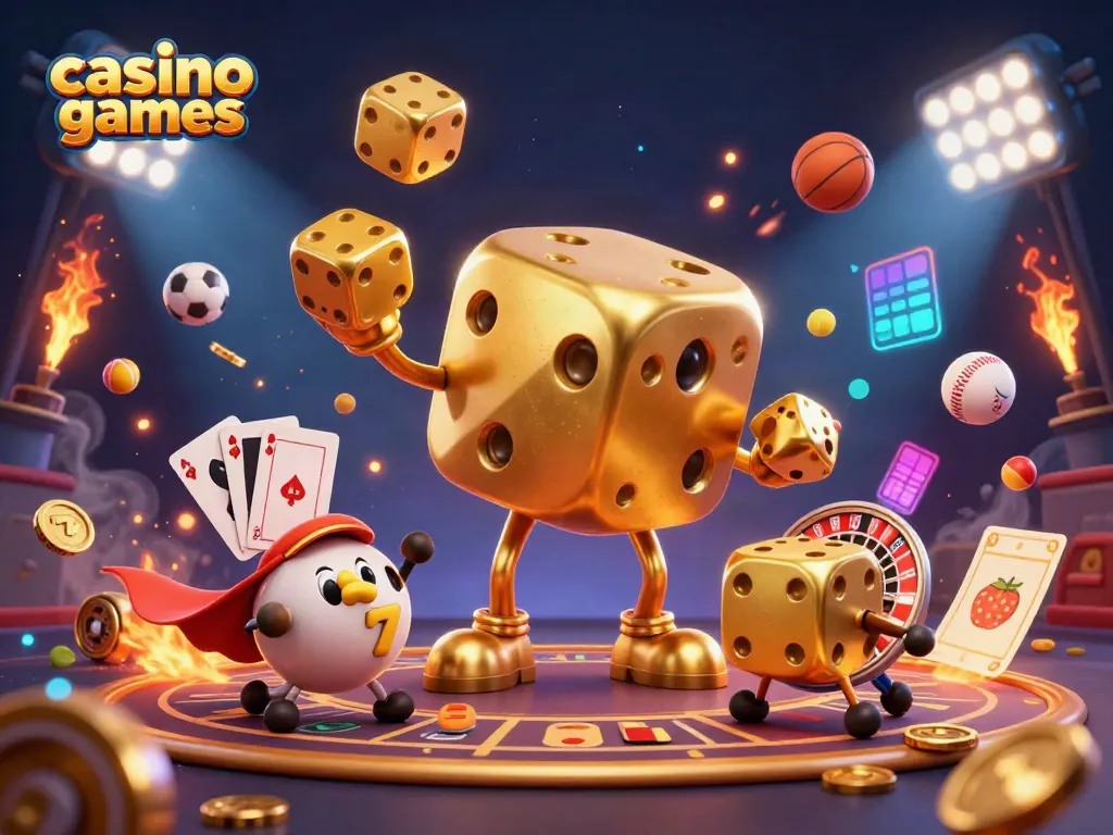 Engaging casino games scene featuring a golden dice golem, roulette ball, and vibrant slot elements.