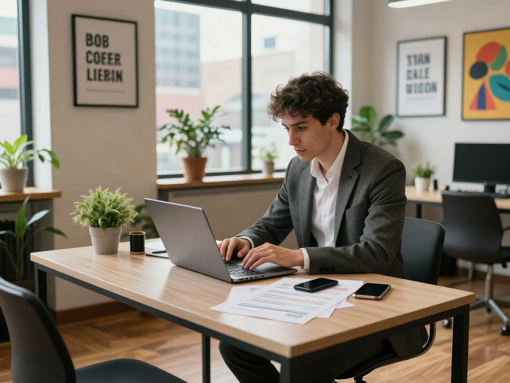 Engaging job search scene showcasing หางาน in a modern co-working space with a professional focused on applications.