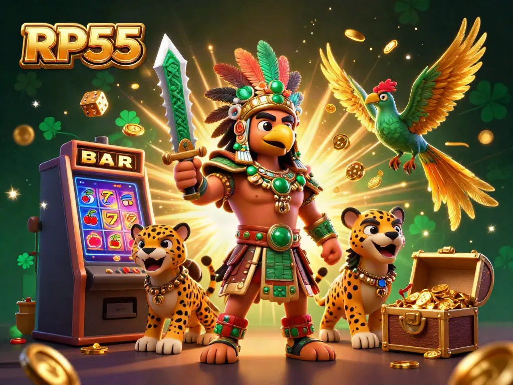 Experience the vibrant world of RP55 with a dynamic 3D casino scene featuring Aztec warriors and flying slot machine symbols.