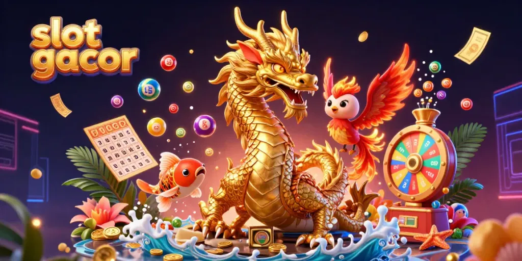 Engage with slot gacor's vibrant gaming scene featuring a dragon and koi fish amidst golden coins and lottery elements.