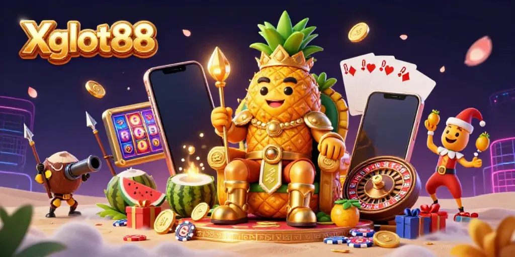Permainan slot Xgslot88 dengan Raja Nanas dan elemen kasino di pantai penuh warna.