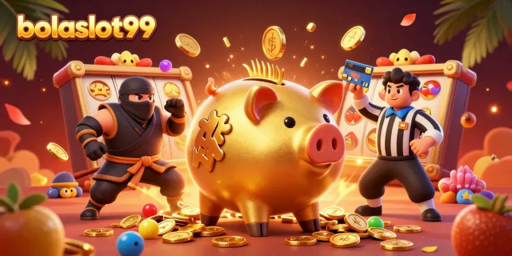 Experience the excitement of bolaslot99 with dynamic characters and slot elements in a vibrant casino setting.