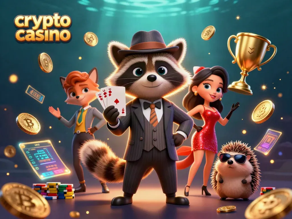 Engage with the exciting world of crypto casinos featuring animated characters, Bitcoin coins, and vibrant elements.