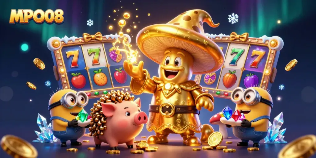 MPO08 wizard transforms everything into gold in a vibrant online casino scene with slot reels and sparkling gems.