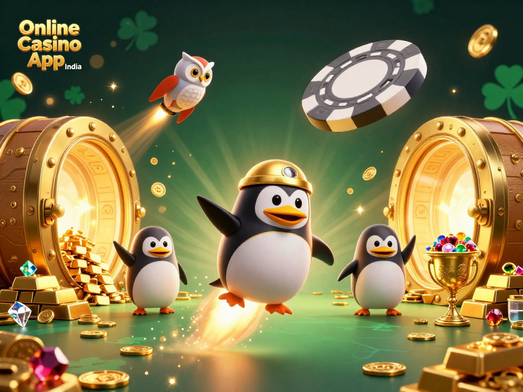 Experience the thrill of Online Casino App India with a dynamic 3D scene showcasing casino excitement.