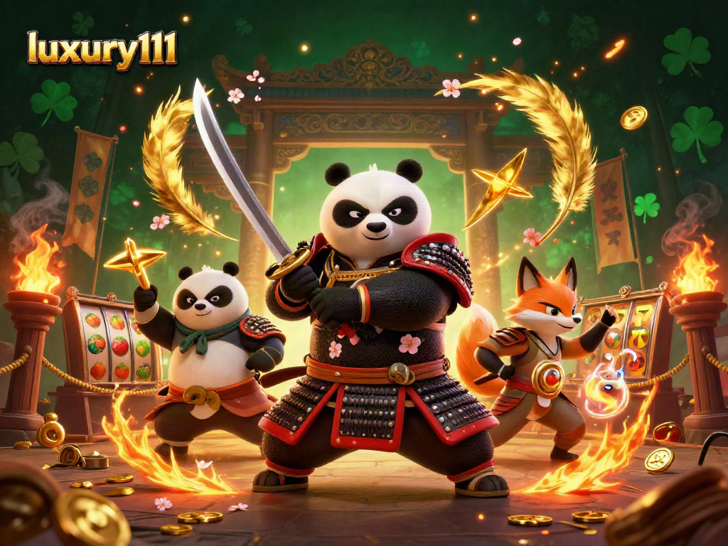 Engage in thrilling gameplay with luxury111 featuring a samurai panda and ninja fox in a dynamic casino scene.