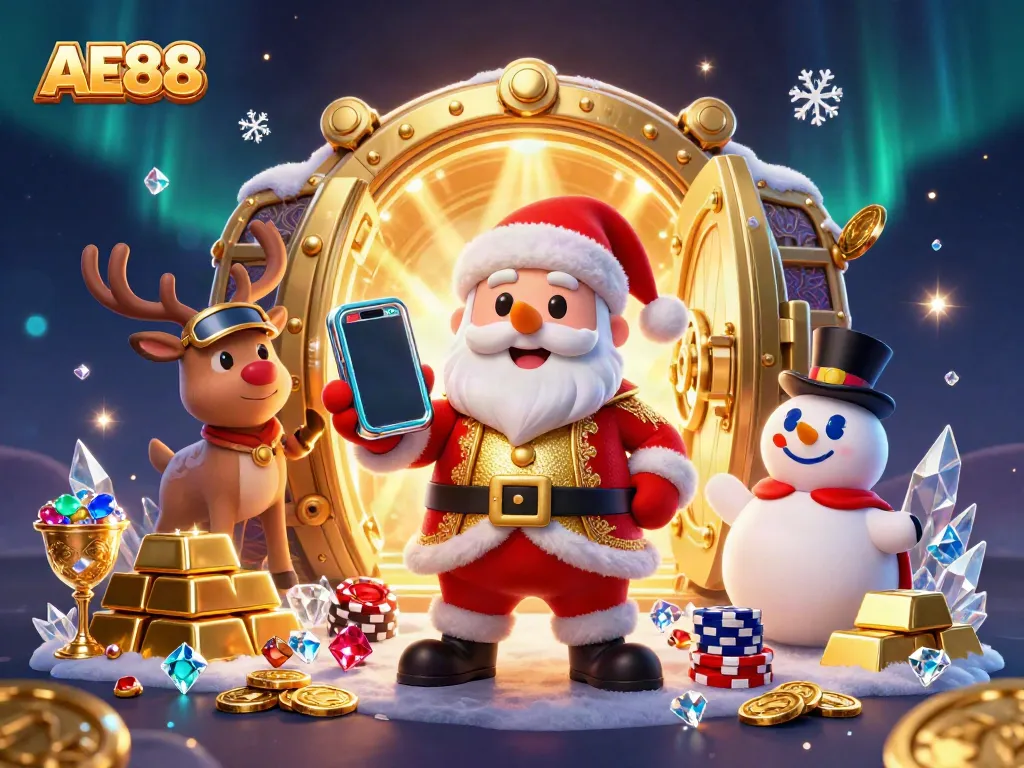 Engage with AE88’s festive casino adventure featuring Santa, a reindeer dealer, and a poker chip snowman.