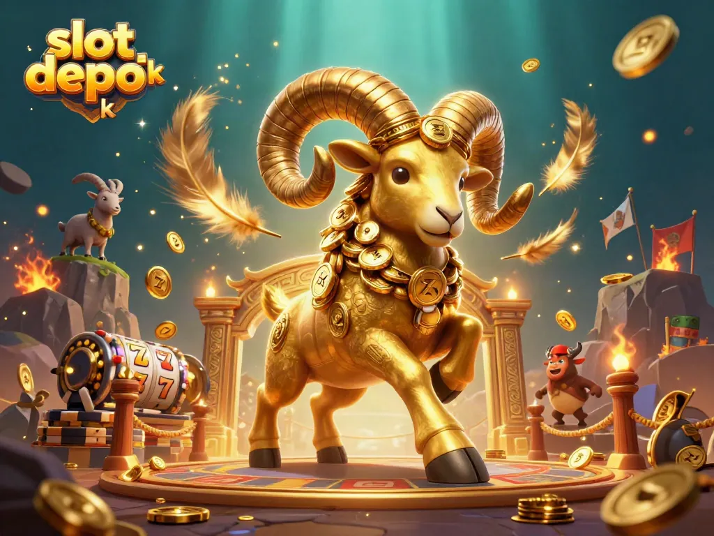 Experience thrilling wins at slot depo 5k with a massive golden ram charging through a vibrant casino scene.