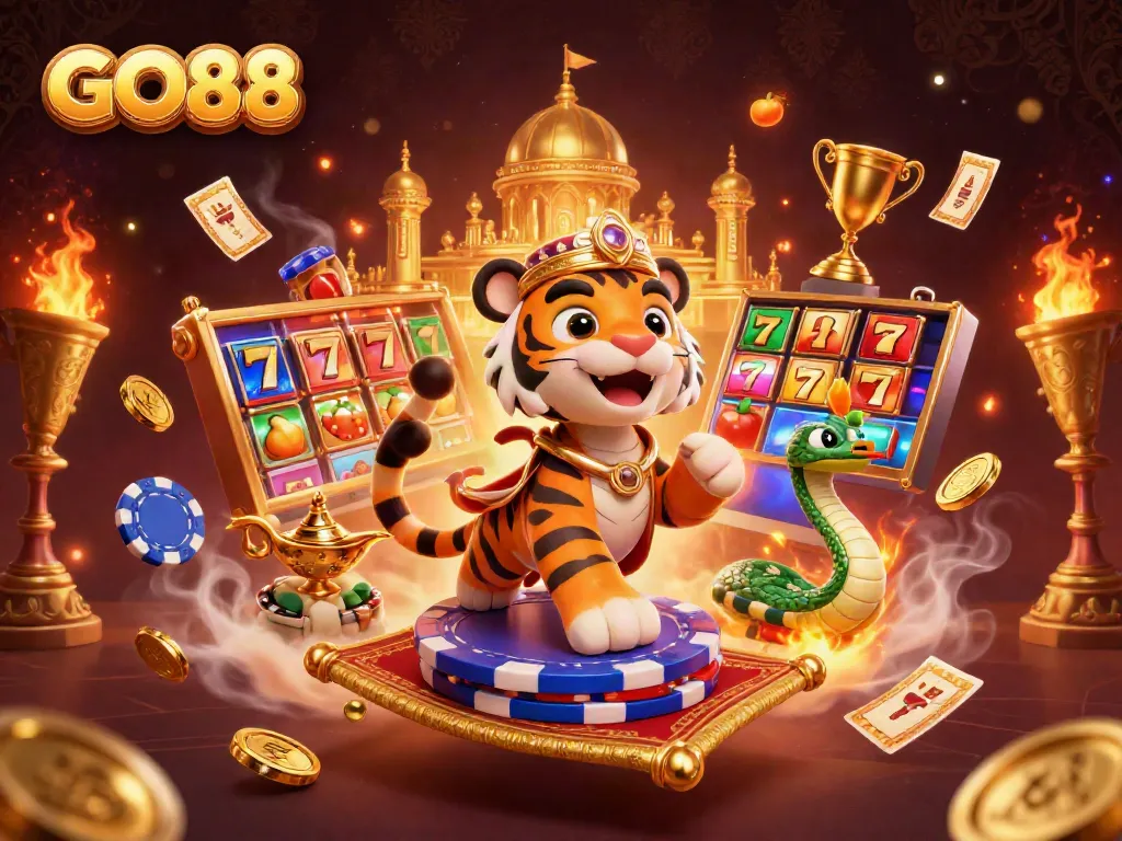 Experience GO88's thrilling slots with an illustrated Arabian Nights theme featuring vibrant characters and casino elements.