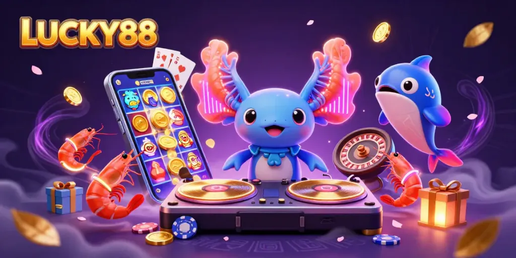 Experience the fun with LUCKY88, featuring a neon DJ and games of chance in a vibrant underwater casino scene.