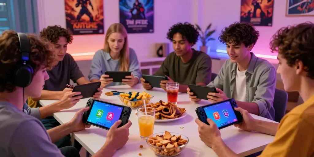 Friends enjoying yono games on mobile devices in a vibrant gaming room.