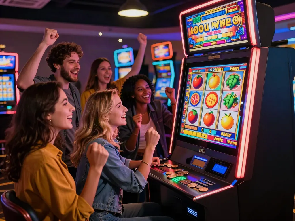 Friends celebrating their win at a vibrant สล็อต slot machine in a lively casino environment.
