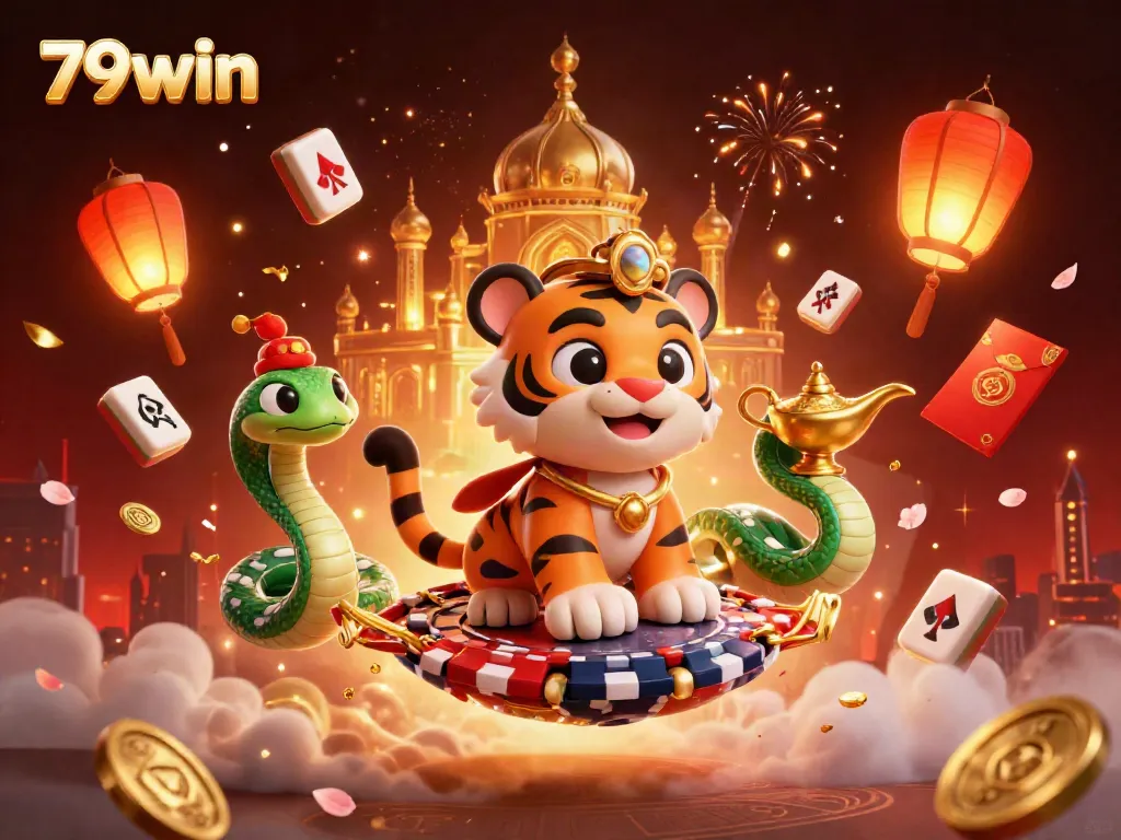 Experience the vibrant energy of 79win with a dazzling array of casino elements in a magical scene.