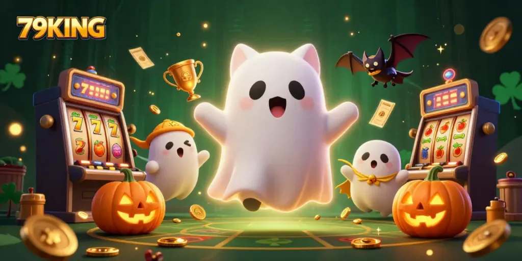 Experience the thrill of 79KING with a ghost cat and vampire bat in a haunted casino scene.