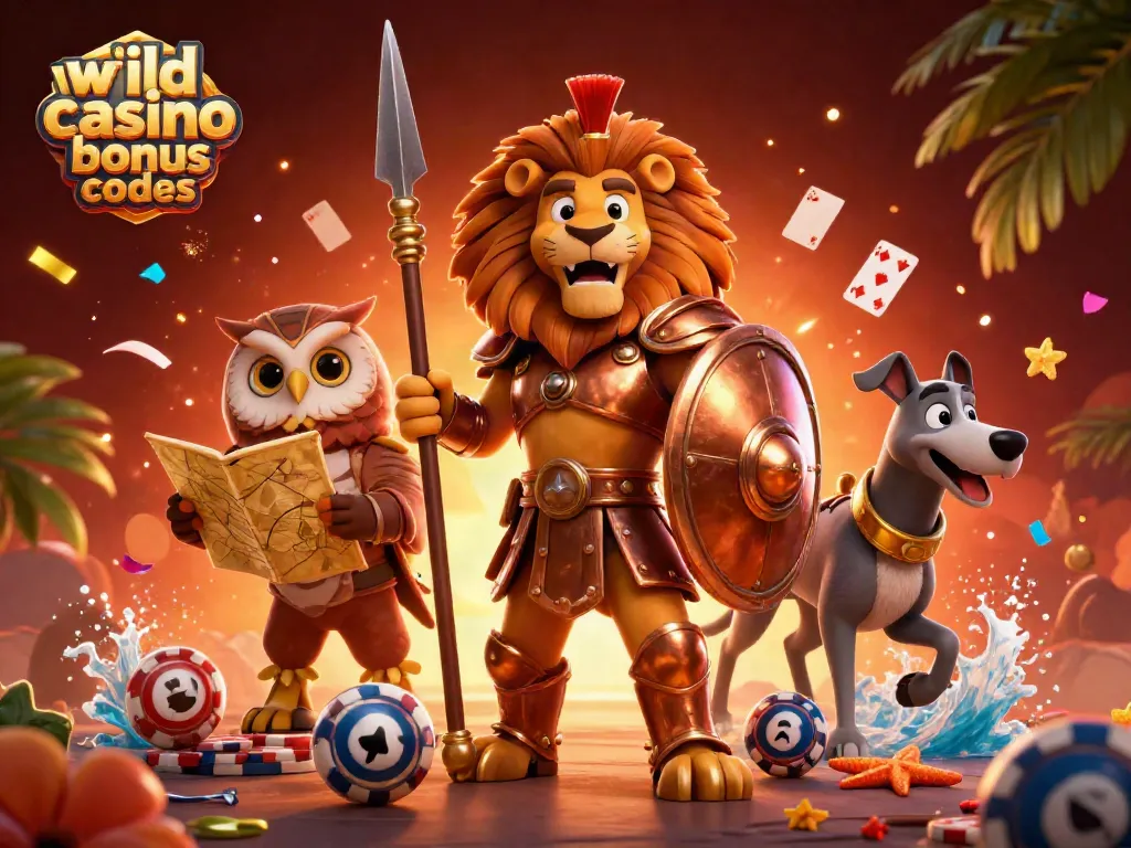 Engage with wild casino bonus codes in an exciting 3D casino scene featuring lively characters and game elements.