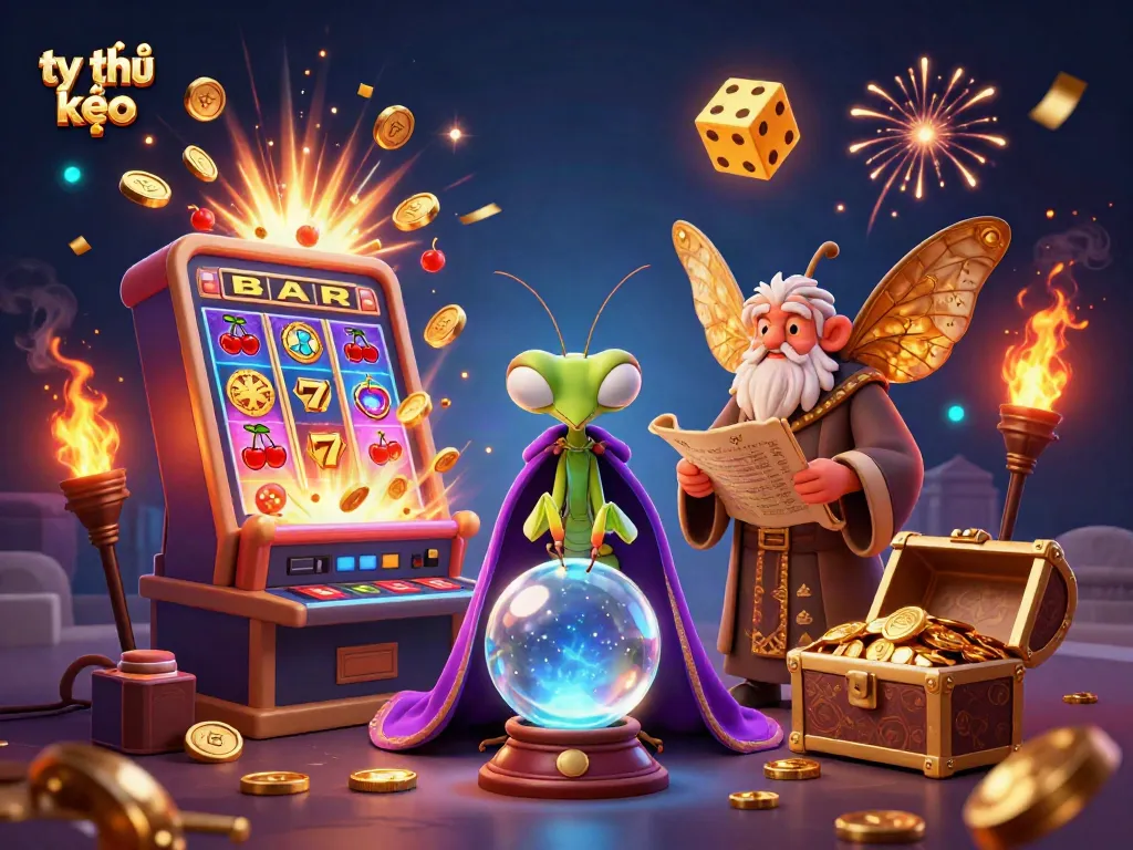 Bet on tỷ lệ kèo with this vibrant illustration showing fortune-telling elements and exciting casino games.