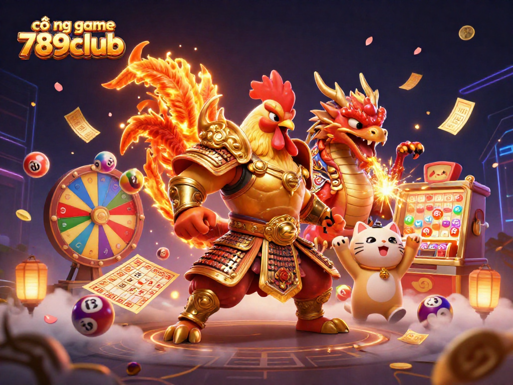 Engage with cổng game 789club featuring a dynamic illustration of gambling characters and vibrant casino elements.