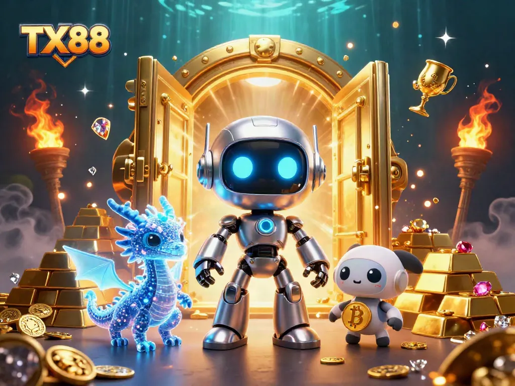 Win big with TX88 in a vibrant 3D scene featuring treasure elements and gaming excitement.