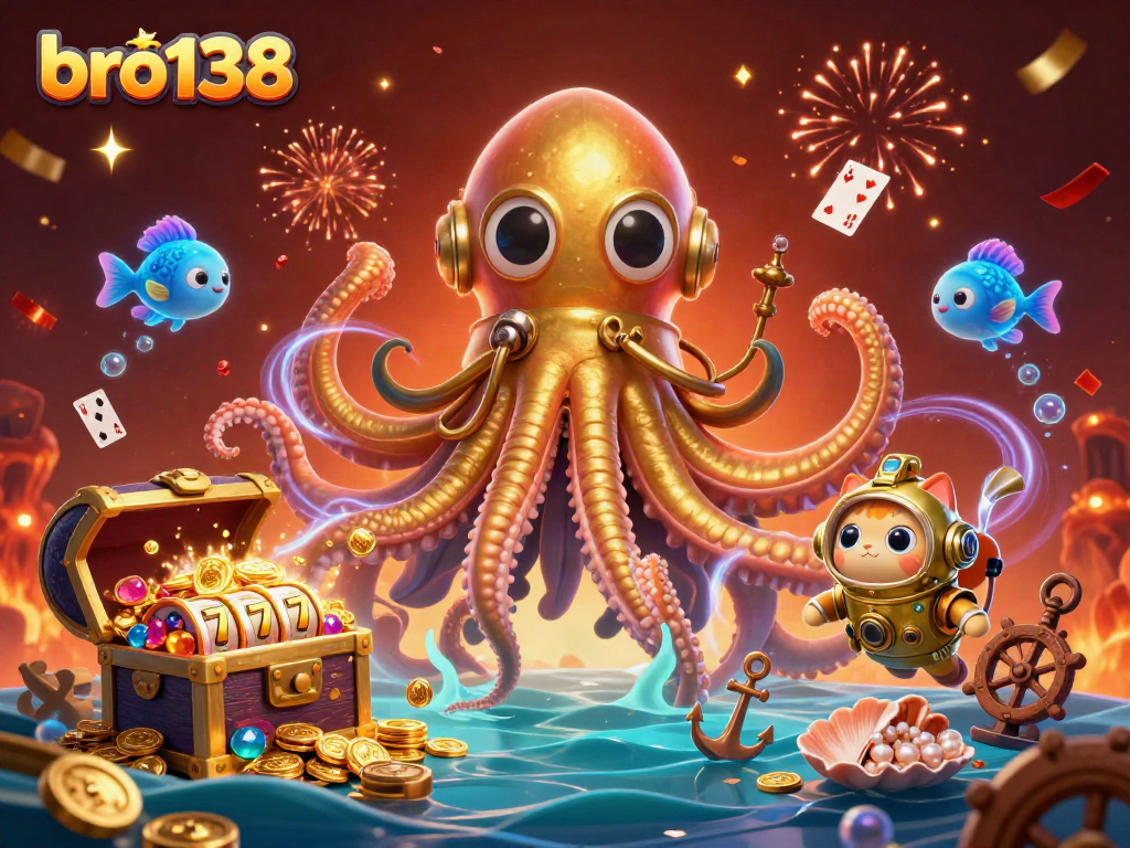 Menangkan jackpot di bro138 dengan ilustrasi menarik permainan slot dan lautan harta karun.