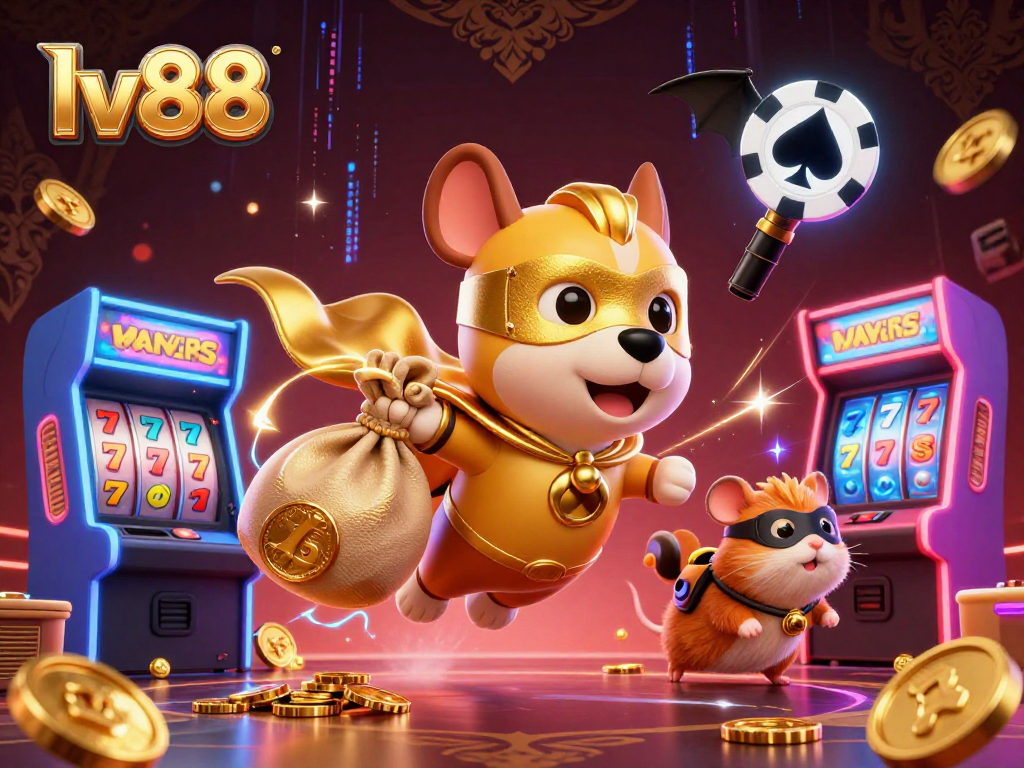 Win big at lv88 with exciting gold-themed gaming visuals featuring action-packed characters and slot elements.