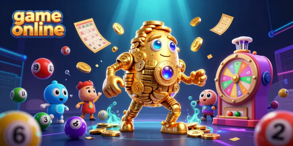 Engage with the exciting world of game online with a vibrant scene depicting a golden golem surrounded by lively gambling elements.