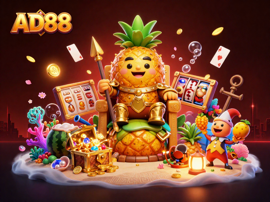 Watch AD88's golden pineapple king rule a vibrant beach casino as players win with luck!